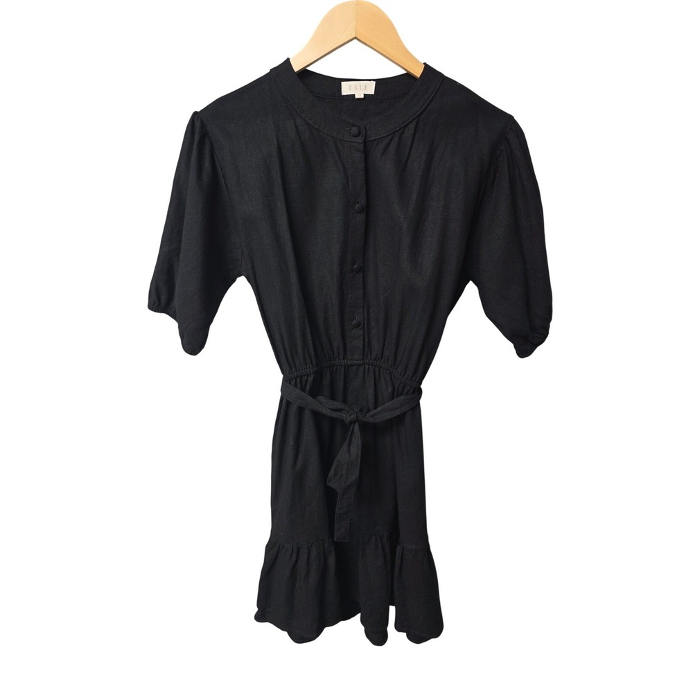 Tali Mini‎ Dress Women G/Large Black Linen Blend Ruffle Puff Sleeve Minimalist